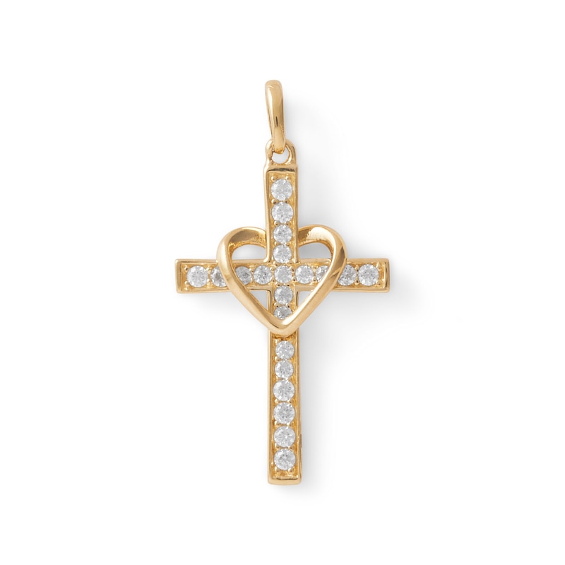 14K Gold Plated CZ Open Heart Cross Charm