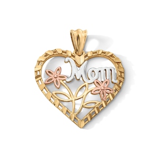 14K Gold Plated Tri-Tone Mom Flower Heart Charm