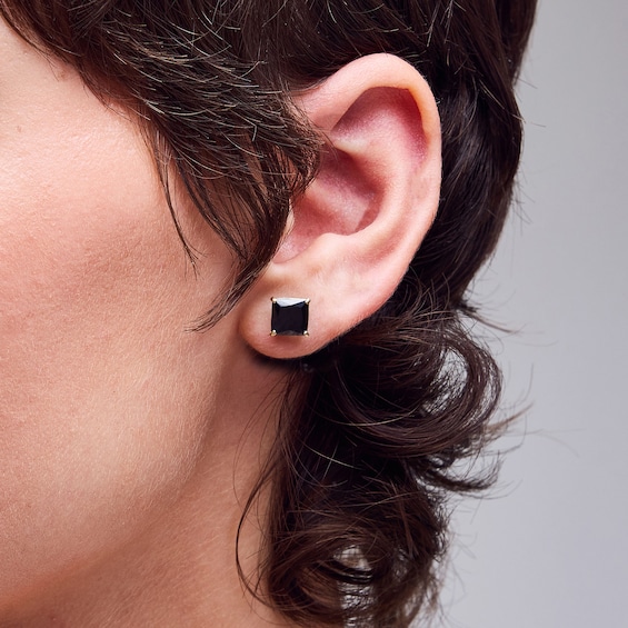 14K Gold Plated Black Princess-Cut CZ 7mm Studs