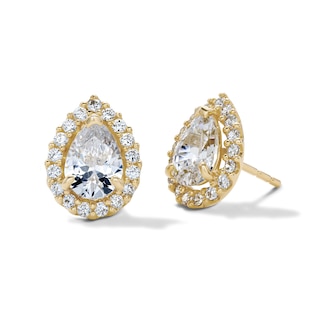 14K Gold Plated CZ Pear Halo Studs