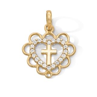 14K Gold Plated CZ Cross in Heart Charm
