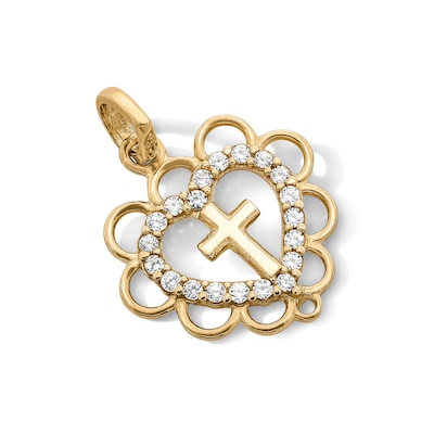 14K Gold Plated CZ Cross in Heart Charm