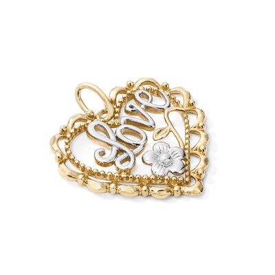 14K Gold Plated "Love" Rose Heart Two-Tone Necklace Charm