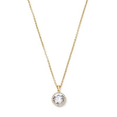14K Gold Plated CZ Round Halo Pendant Necklace - 16" + 2"