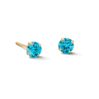 14K Gold Plated 4mm Blue CZ Round Solitaire Stud