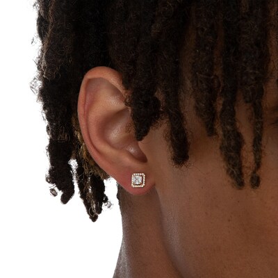 14K Gold Plated CZ Princess-Cut Halo Studs