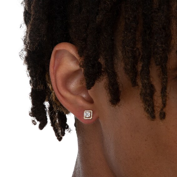 14K Gold Plated CZ Princess-Cut Halo Studs