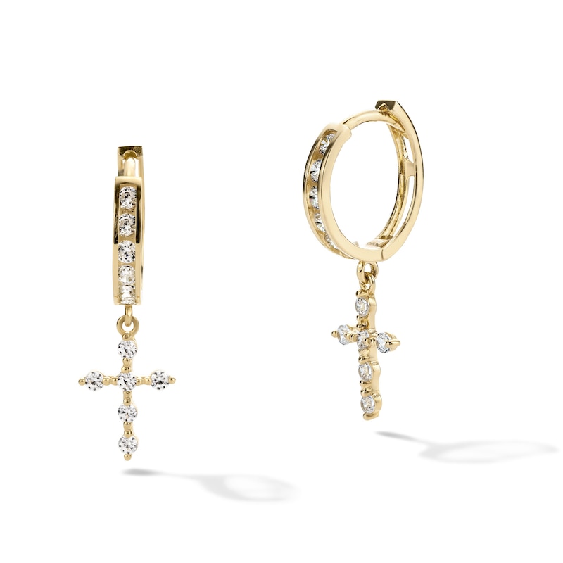 Main Image 1 of 14K Gold Plated CZ Cross Drop Huggie Hoops