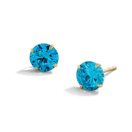 14K Gold Plated 6mm Blue CZ Round Solitaire Studs