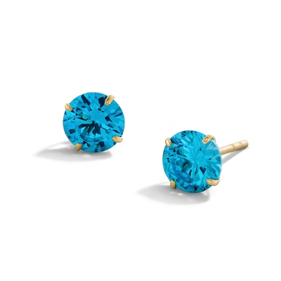 14K Gold Plated 6mm Blue CZ Round Solitaire Studs