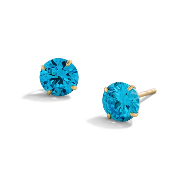 14K Gold Plated 6mm Blue CZ Round Solitaire Studs