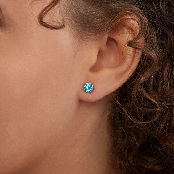 14K Gold Plated 6mm Blue CZ Round Solitaire Studs