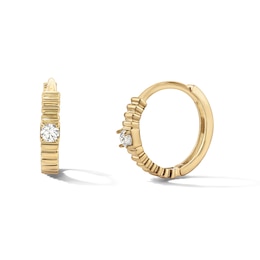 14K Gold Plated CZ Solitaire Ribbed Huggie Hoops