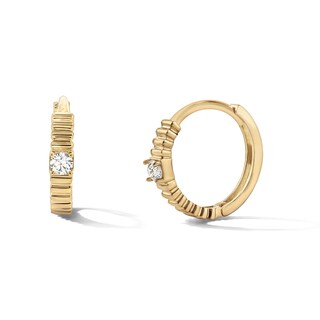 14K Gold Plated CZ Solitaire Ribbed Huggie Hoops