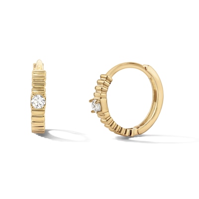 14K Gold Plated CZ Solitaire Ribbed Huggie Hoops