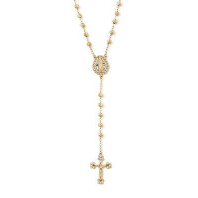 14K Gold Plated CZ Beaded Rosary Necklace - 17.5" + 1.5"