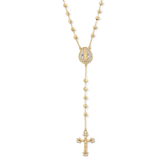 14K Gold Plated CZ Beaded Rosary Necklace - 17.5" + 1.5"