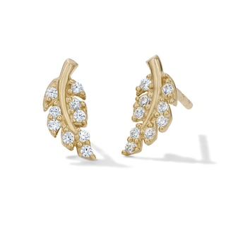 14K Gold Plated CZ Pavé Leaf Studs