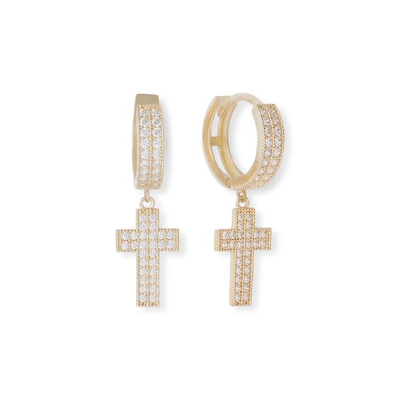 14K Gold Plated CZ Pavé Cross Drop Huggie Hoops