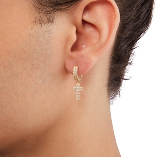 14K Gold Plated CZ Pavé Cross Drop Huggie Hoops