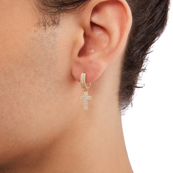 14K Gold Plated CZ Pavé Cross Drop Huggie Hoops