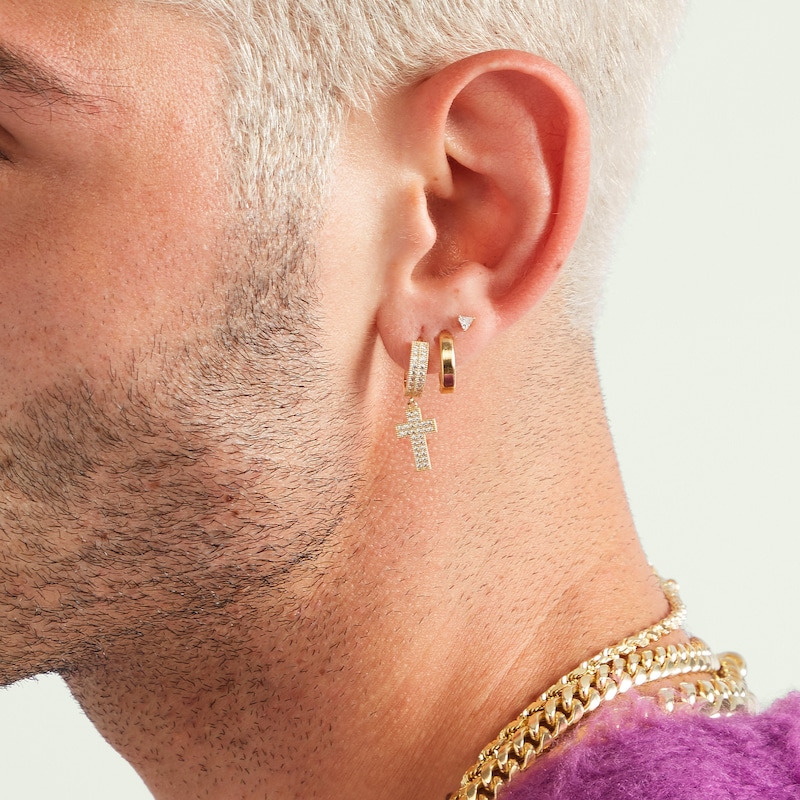 Main Image 3 of 14K Gold Plated CZ Pavé Cross Drop Huggie Hoops