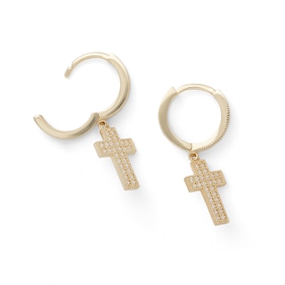 14K Gold Plated CZ Pavé Cross Drop Huggie Hoops