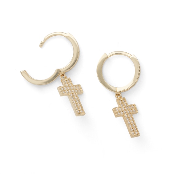 14K Gold Plated CZ Pavé Cross Drop Huggie Hoops