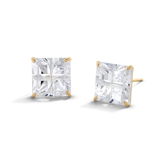 14K Gold Plate Princess-Cut CZ Quad Groove 9mm Studs