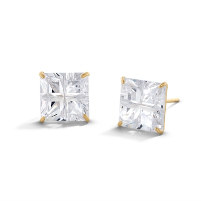 14K Gold Plate Princess-Cut CZ Quad Groove 9mm Studs