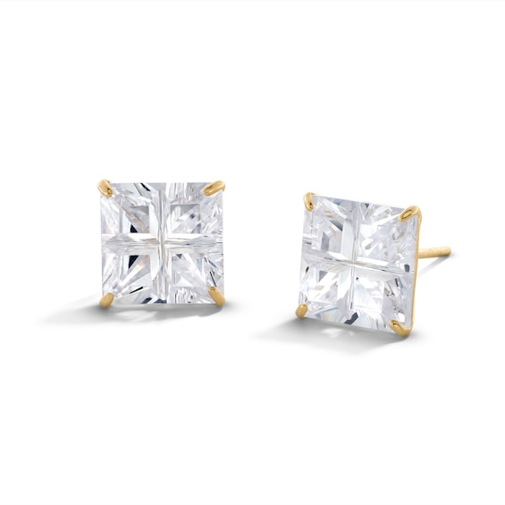 14K Gold Plate Princess-Cut CZ Quad Groove 9mm Studs