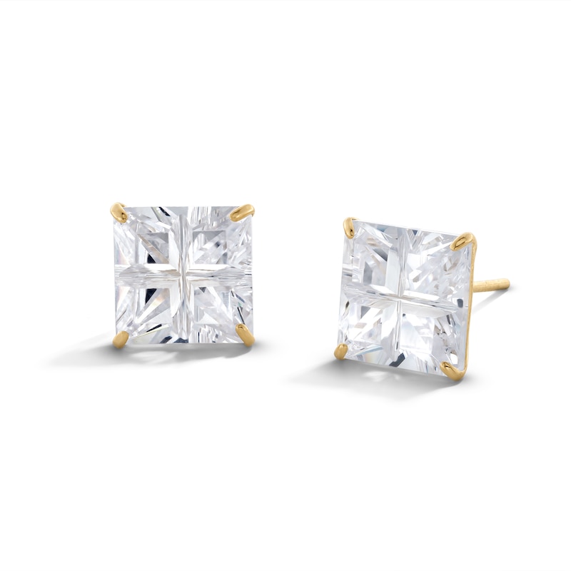 Main Image 1 of 14K Gold Plate Princess-Cut CZ Quad Groove 9mm Studs