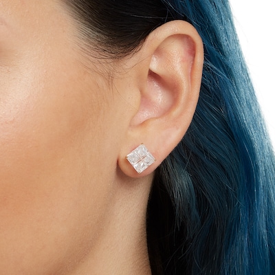 14K Gold Plate Princess-Cut CZ Quad Groove 9mm Studs