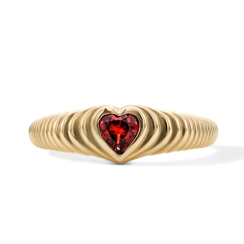 14K Gold Plated Red CZ Heart Bezel Ribbed Ring - Size 7