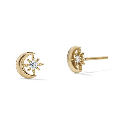14K Gold Plated CZ Crescent Moon and Star Studs