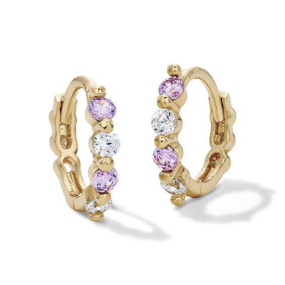 14K Gold Plated Purple and White CZ Alternating Huggie Hoops