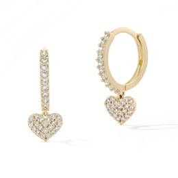 14K Gold Plated CZ Pavé Heart Dangle Huggie Hoops