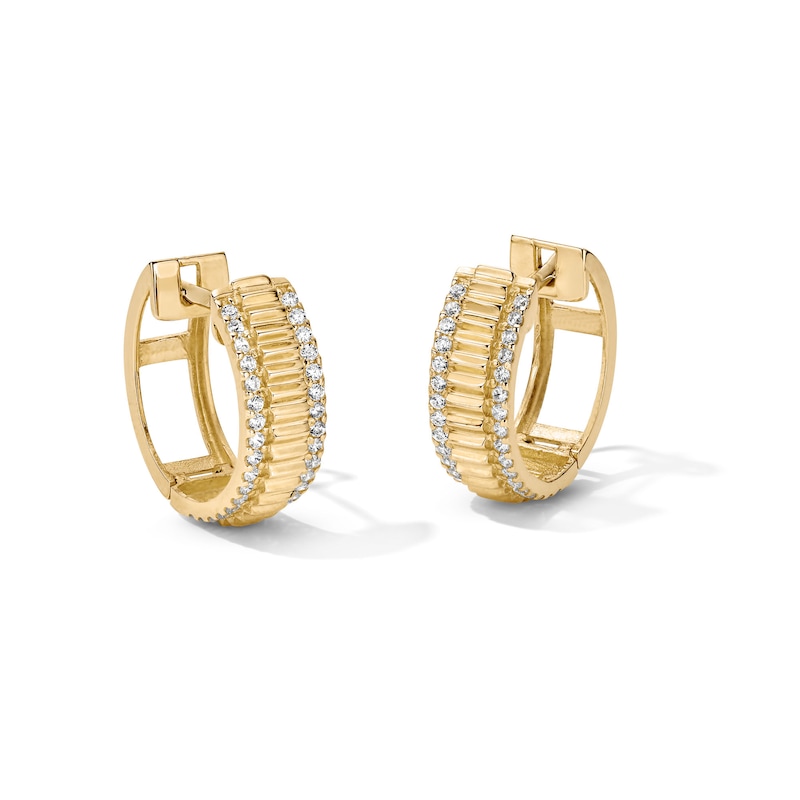 Main Image 1 of 14K Gold Plated CZ Ribbed Center Huggie Hoops