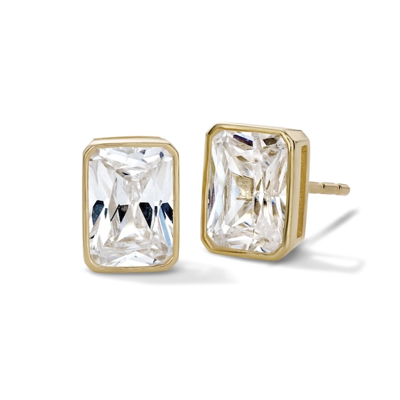 14K Gold Plated CZ Emerald- Cut Bezel Studs