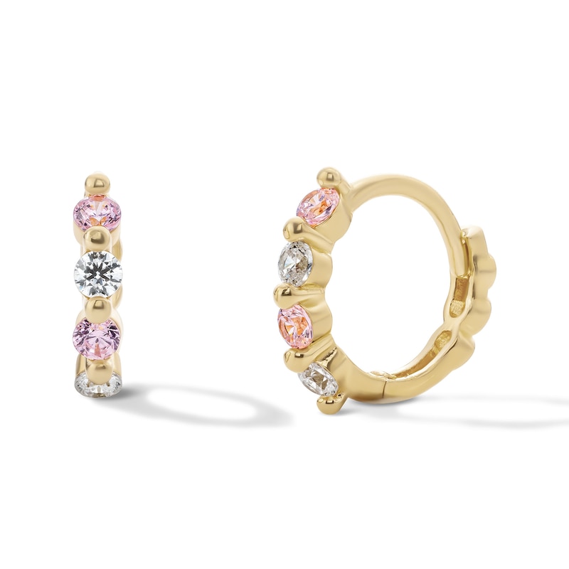 Main Image 1 of 14K Gold Plated Pink and White CZ Huggie Hoops