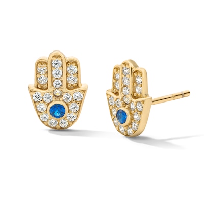 14K Gold Plated Blue and White CZ Hamsa Studs