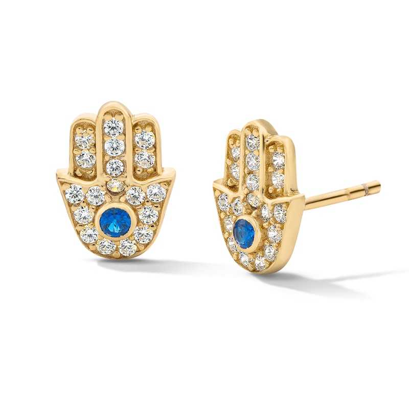 Main Image 1 of 14K Gold Plated Blue and White CZ Hamsa Studs