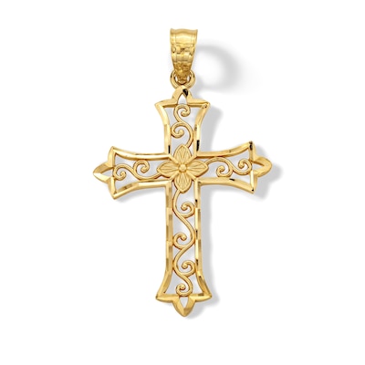 14K Yellow Gold Plated Diamond-Cut Swirl Cross Charm
