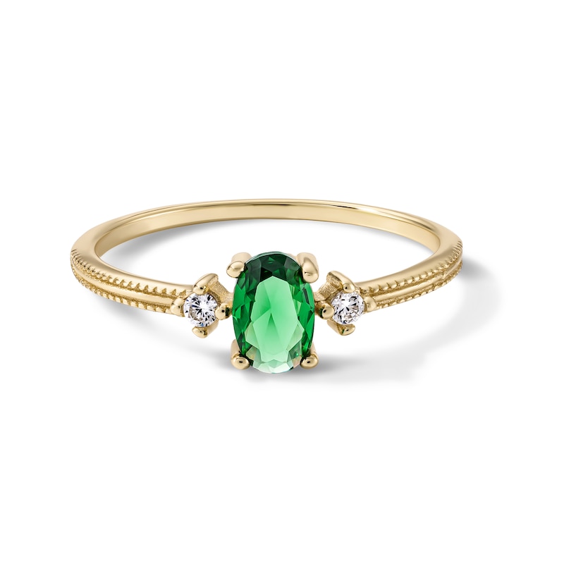 14K Gold Plated Green and White CZ Oval Beaded Ring - Size 7