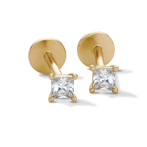 14K Gold Plated 2.55mm CZ Square Solitaire Flat Back Studs