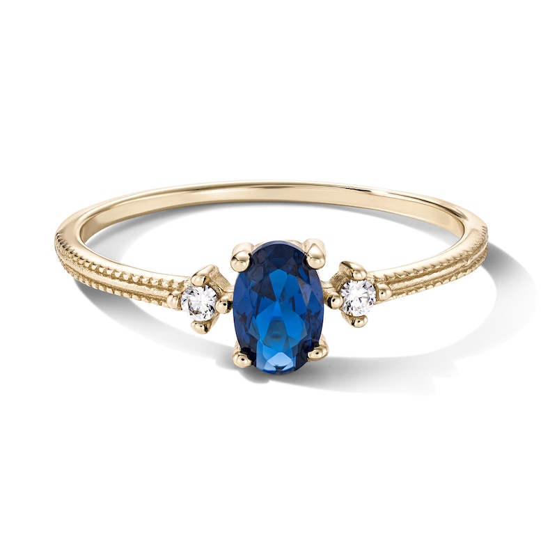 14K Gold Plated Three Stone Oval Blue CZ Beaded Ring - Size 7