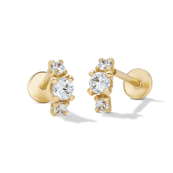 14K Gold Plated CZ Three-Stone Graduated Curve Flat Back Stud
