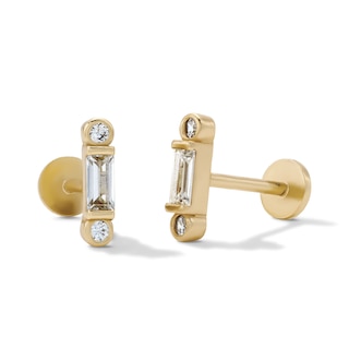 14K Gold Plated CZ Baguette and Round Bezel Flatback Studs