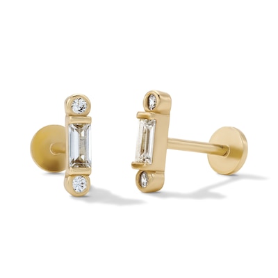 14K Gold Plated CZ Baguette and Round Bezel Flatback Studs