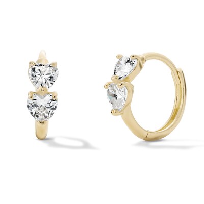 14K Gold Plated CZ Two-Station Heart Huggie Hoops